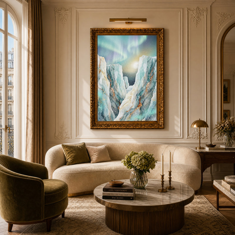 Art mural sur toile Teal Marble Mountains with Gold Veins under Aurora, H 24 po x l 16 po