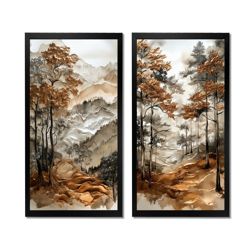 Montagnes dorées d'automne - Pin arborescent, 2 impressions encadrées, 40" H x 40" W, Black Picture Framed