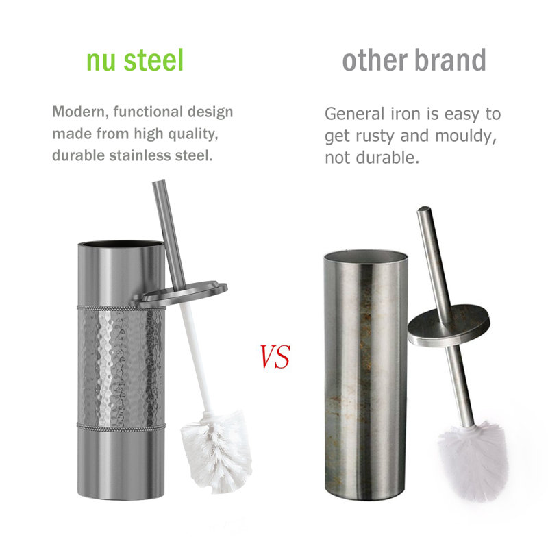 Slim Hammered Stainless Steel Toilet Brush Holder with Long Handle