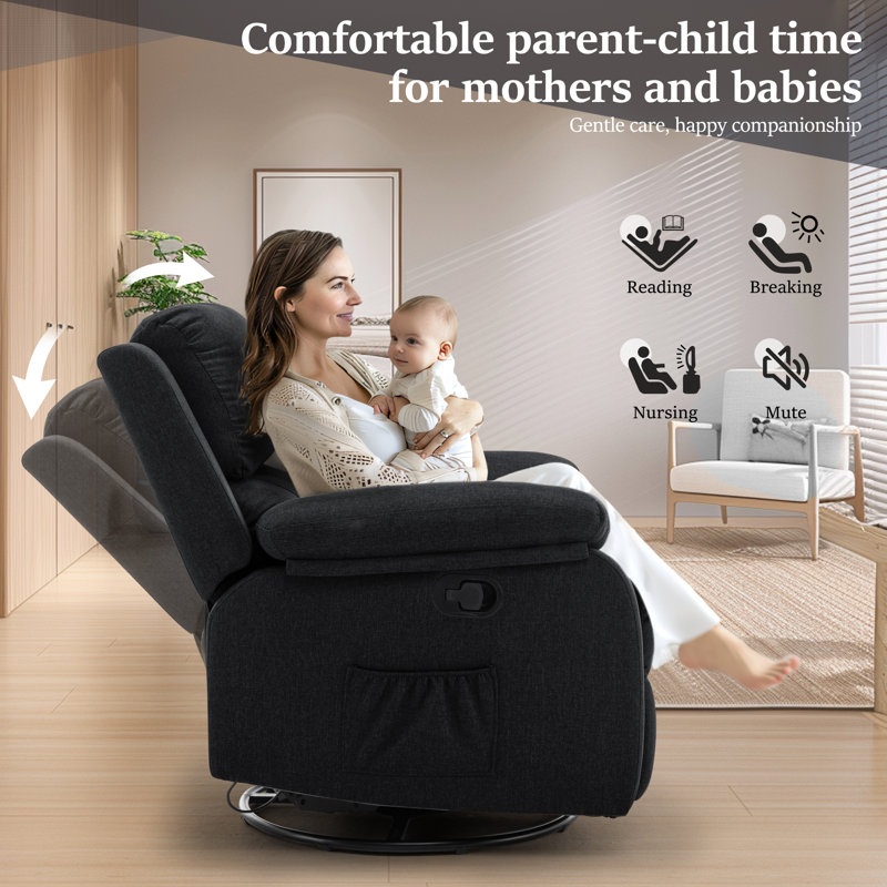 Black Fabric Swivel Recliner with Wood Frame