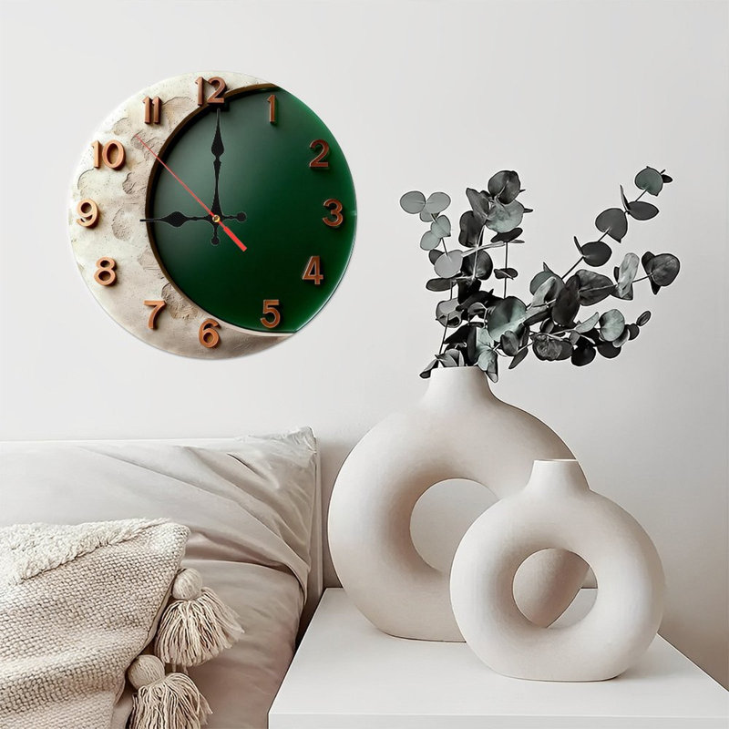 10" Round Wooden Wall Clock, Silent Quartz Movement, UV-Printed Design, Battery Operated, Dark Green
