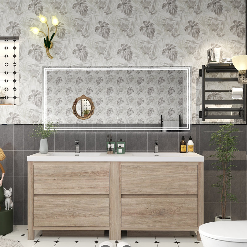 Meuble-lavabo double 70,9 po avec plateau en acrylique Beyerville, Chêne blanc