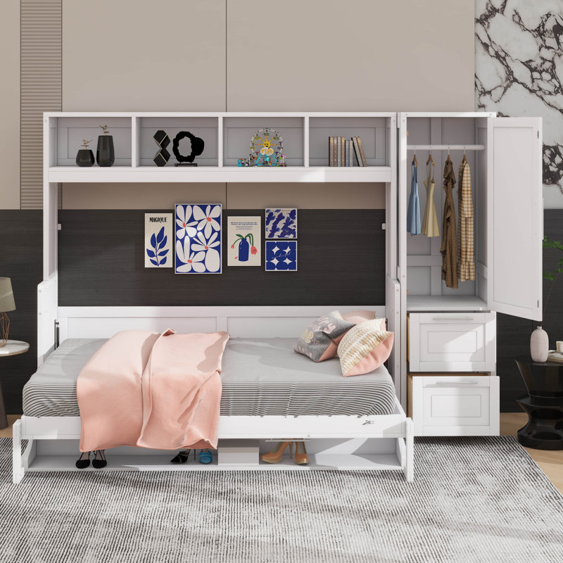 Lit escamotable peu encombrant avec garde-robe intégrée et rangement pour tiroirs, Double, Blanc