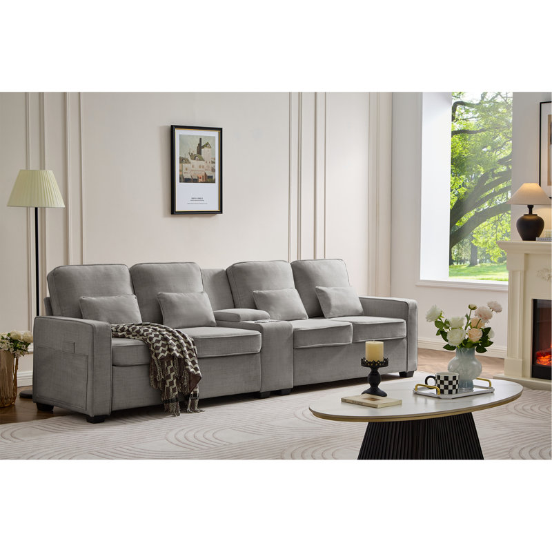 Canapé rembourré de 114 po avec console, 2 porte-gobelets et 3 ports USB câblés, canapé en tissu de lin moderne avec 4 coussins pour salon, appartement (4 places)