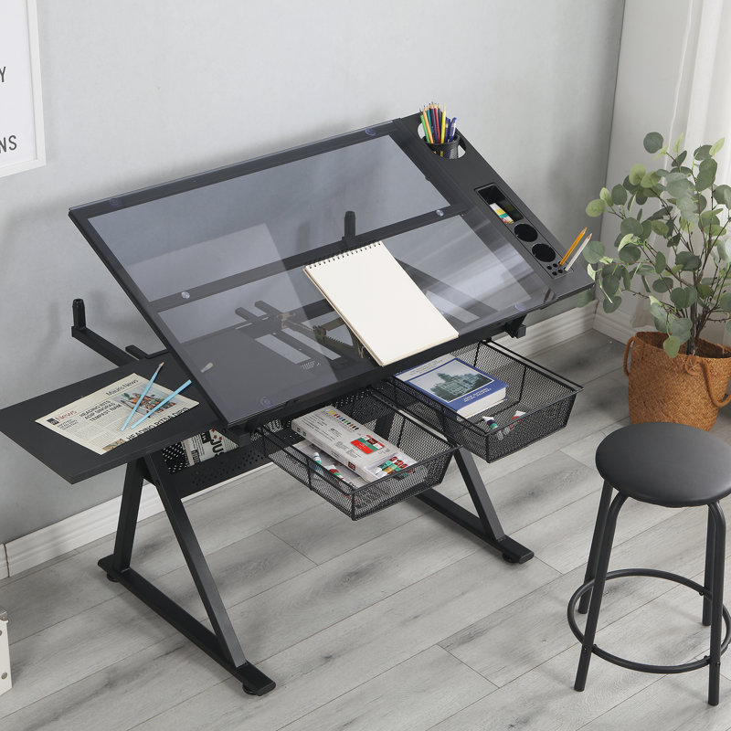 Table à dessin réglable en verre trempé avec chaise