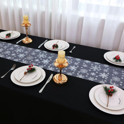2PCS Silver Christmas Snowflake Glitter Table Runner 108 Inch | Sparkly metallic foil sheer mesh accent for seasonal winter festivals, kitchen dining, indoor outdoor home celebrations