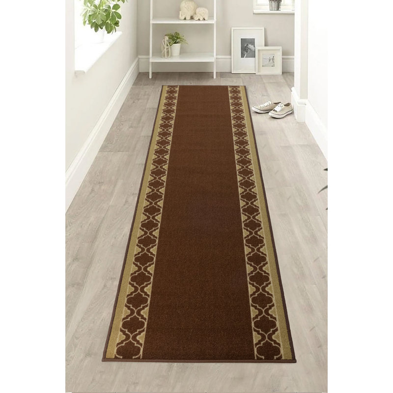 Custom Size Trellis Brown Bordered Design Anti Slip Low Profile Loop Pile Indoor Runner Rug Carpet, Runner 2'2" x 35'