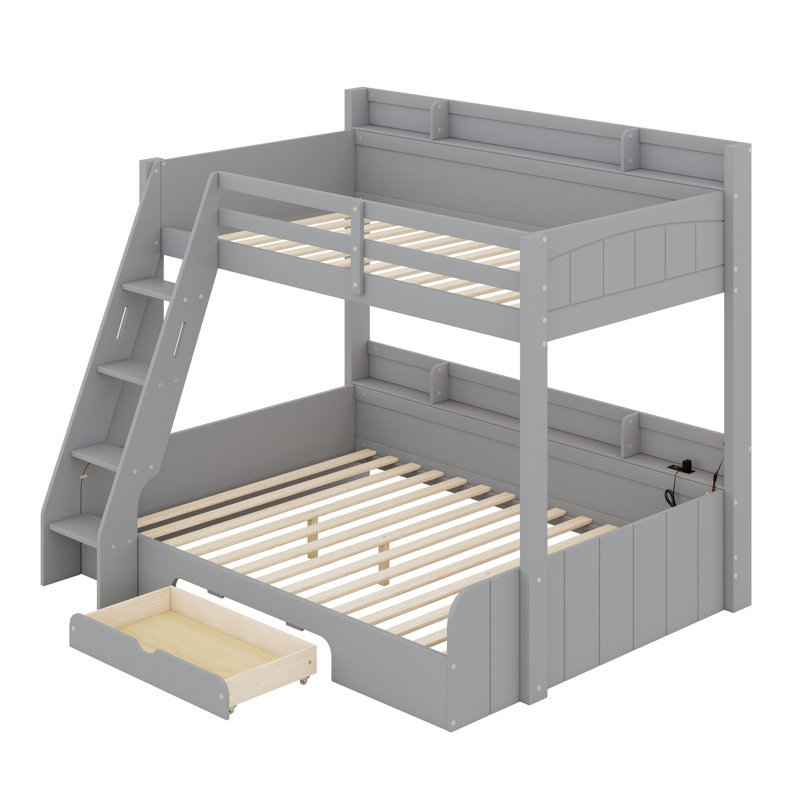 Lits superposés avec tablettes de rangement, tiroir, DEL, station de charge, garde-corps et échelle, Gris