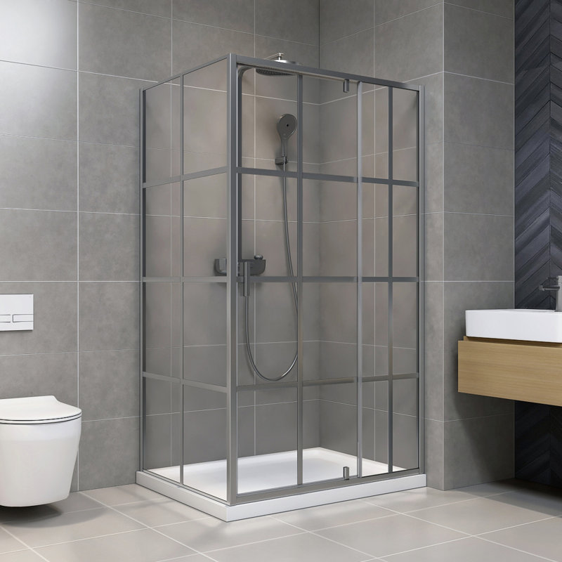 Ensemble de douche rectangulaire en coin au fini nickel brossé L 48 po x l 36 po x H 77,5 po Tava, Nickel brossé