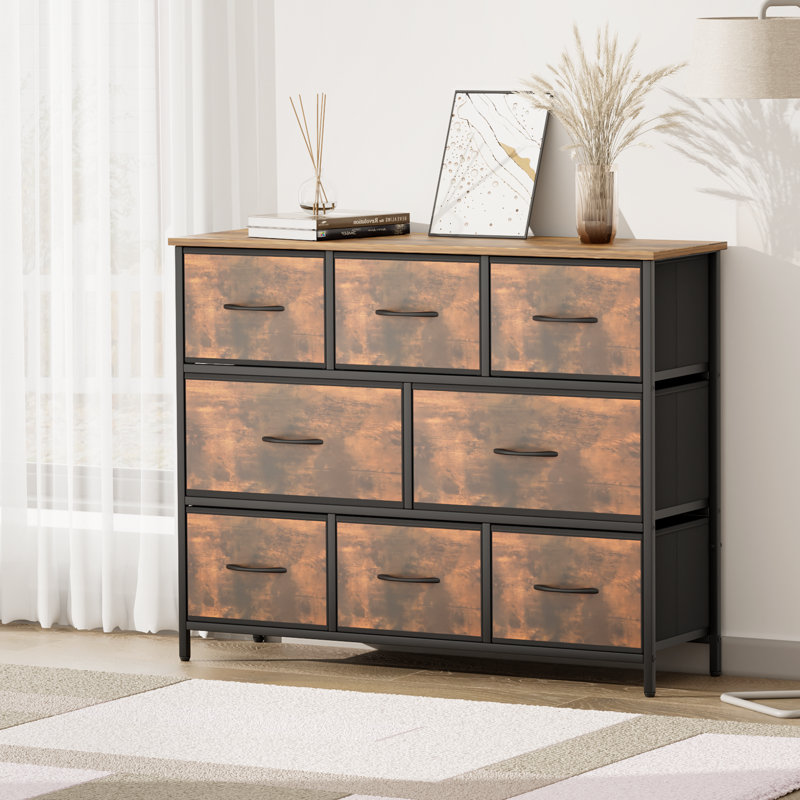 Commode en fer à 8 tiroirs Nertie, Grain de bois