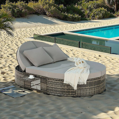 Round Adjustable Outdoor Patio Daybed With Foldable Cup Trays And Cushions For Poolside Relaxation