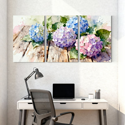 Fleurs d'hortensia à l'aquarelle sur fond de bois, toile tendue sur châssis (lot de 3)