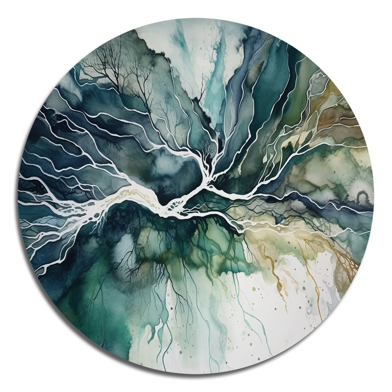 Vert vert bleu marbré Dreamscape II - Art abstrait rond en métal, H 29 po x l 29 po