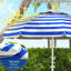 Parasol de plage avec fonction d'inclinaison et de hauteur réglable, toit protégé de 40+, 2 porte-gobelets et crochets, système à rayures bleu et blanc portable, système actionné, auvent, crochet ventilé