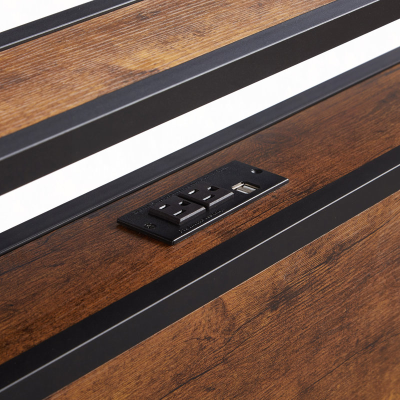 Metal Platform Bed Frame With Wooden Headboard And Footboard With USB LINER, LED Lights ,No Box Spring Needed, Large Under Bed Storage, Easy Assemble