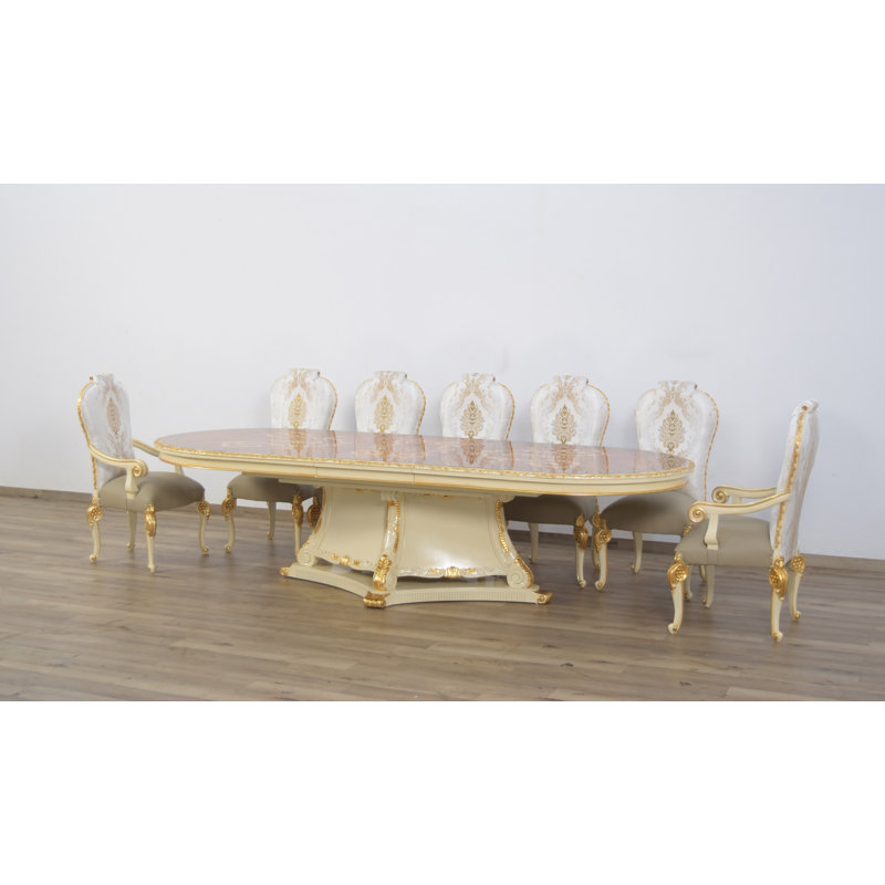 Extendable Dining Set, Beige/Dark Gold, 11 Pieces Included