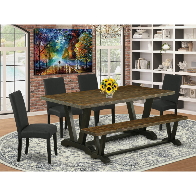 L'ensemble de table de salle à manger 6 pièces contient une table en bois jacobine vieilli, un banc moderne et 4 chaises de cuisine en tissu noir avec dossier haut - finition noire brossée