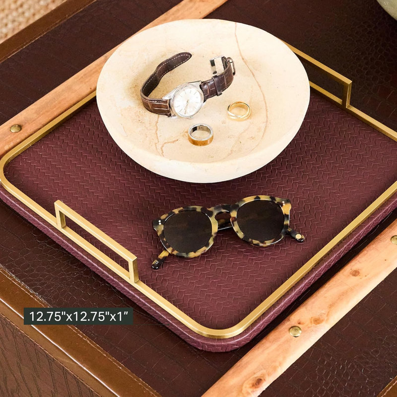 Woven Vegan Leather Decorative Serving Tray with Brass Handles & Velvet Base