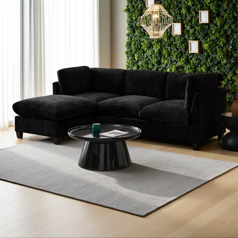 96.5" Sectional Couch For Living Room, Upholstered Soft Chenille Fabric Sofa, 3-Seater With One Ottoman L Shape Sofa, Black