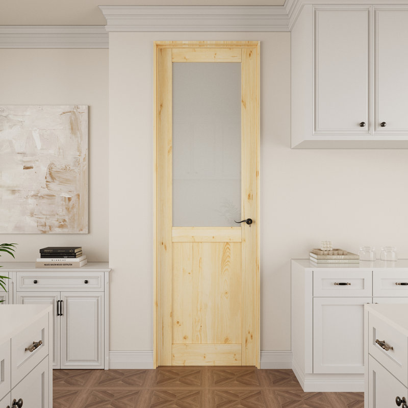 Porte intérieure en bois de pin et verre givré demi-Lite intérieur, porte pré-suspendue en bois massif naturel Colonial, avec joint de porte, bande d'étanchéité, ouverture vers la gauche, charnières noires et poignée courbée, porte non finie et à peindre, pour garde-manger, chambre à coucher, salle de bain et garde-robe, 28 po x 80 po