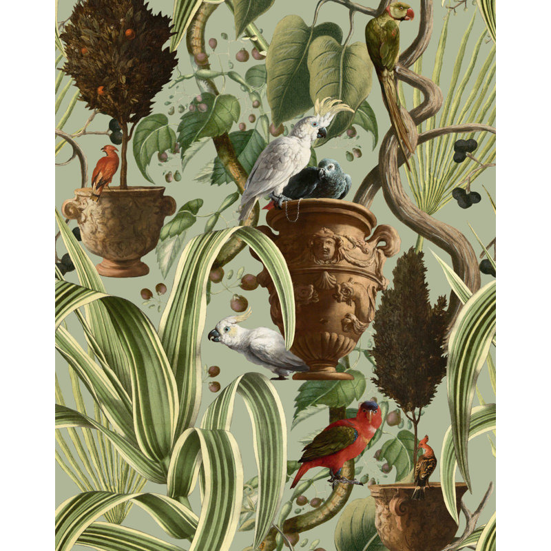 Tropical Wanderlust Non-Pasted Matte Wallpaper Roll, Green/Brown/Red/Black