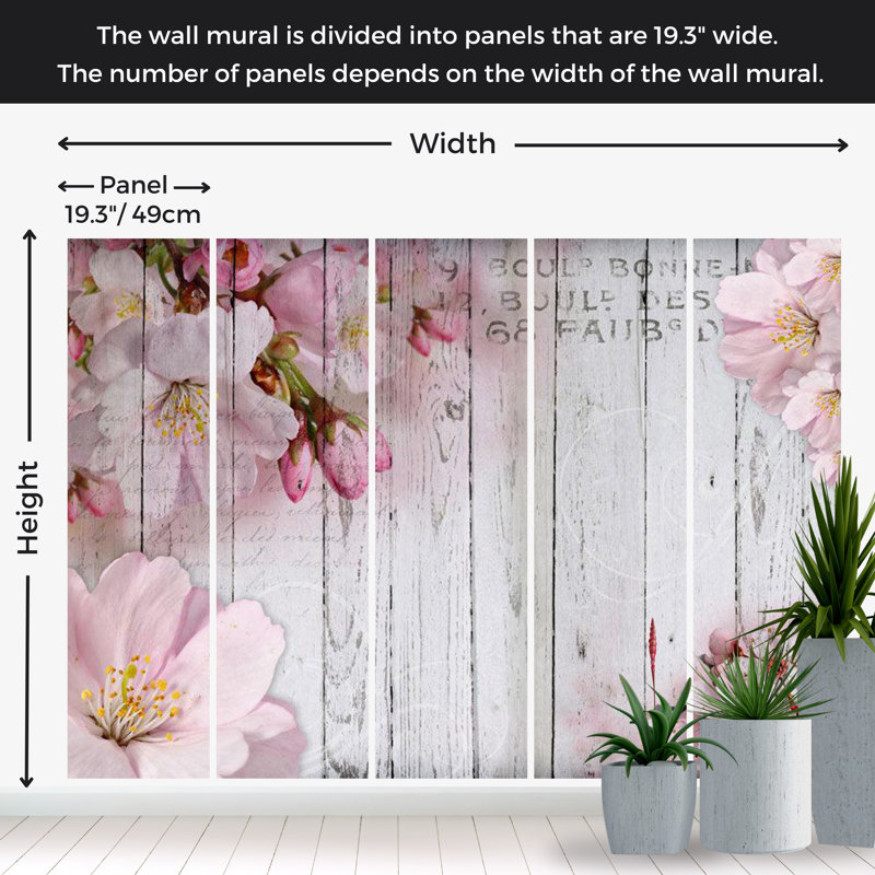 Murale florale pelez et collez - Fleurs de pommier sur bois rétro, L 100 po x l 135 po