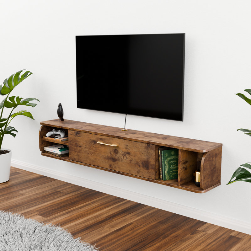 Meuble télé 58 po flottant en contreplaqué rustique avec décor doré - Console média de campagne murale pour téléviseur de 60 po ou moins