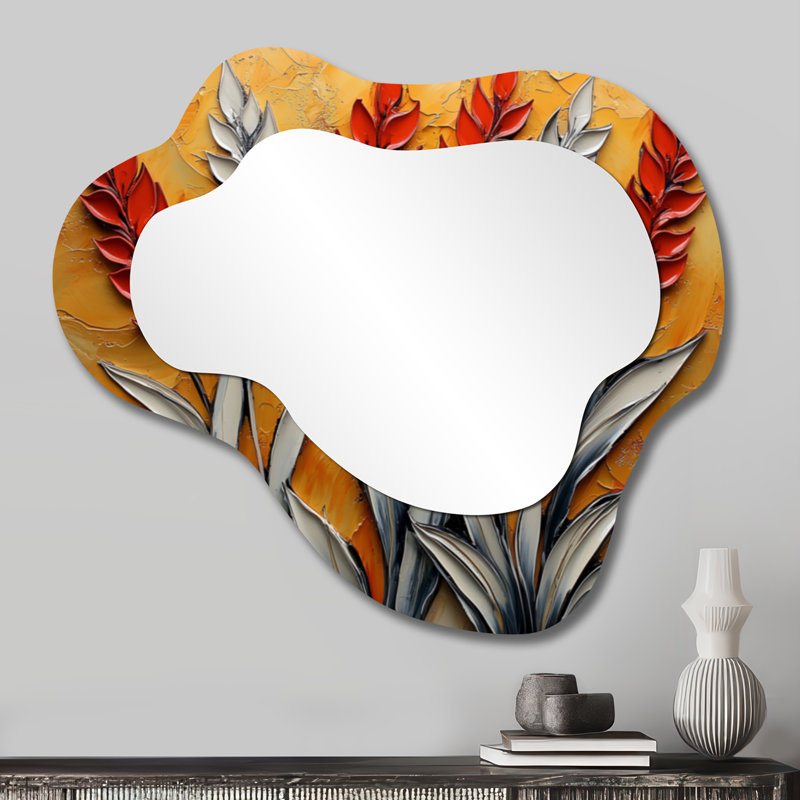 Miroir décoratif asymétrique blanc, blanc et orange, chardon de chant, harmonie I - chardon, 25 po x 28 po