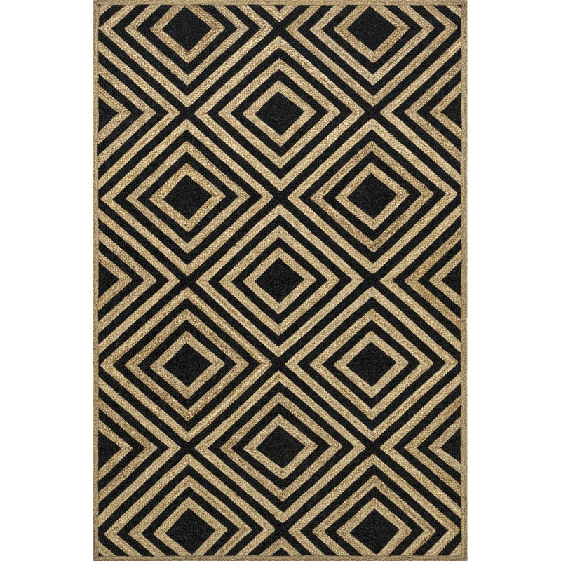Black and Beige Jute Rectangular Trellis Area Rug, 9' x 12'