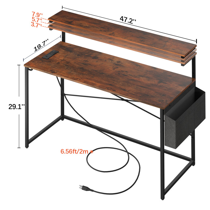 Computer Desk With Power Outlets Fast Charging Type-c Included, Gaming Desk With Led Lights, 47" Office Desk With Adjustable Monitor Stand, Small Desk Home Office Desks With Storage Bag & Hook