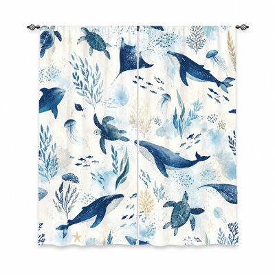 2Pcs Watercolor Ocean Life Curtains, Light Filtering Fabric, Whales Turtles Dolphins Jellyfish Sea Creatures Print Pattern, Rod Pocket Design for Living Room Bedroom Balcony Kitchen Home Decoration