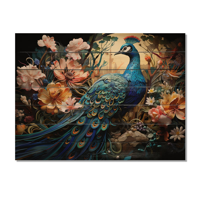 Reproduction murale sarcelle paon I sur bois, H 10 po x l 20 po x P 0,78 po