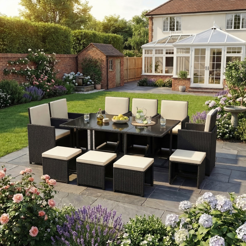 Exia 10 Seater Dining Set with Cushions, UKFR Certified, Black