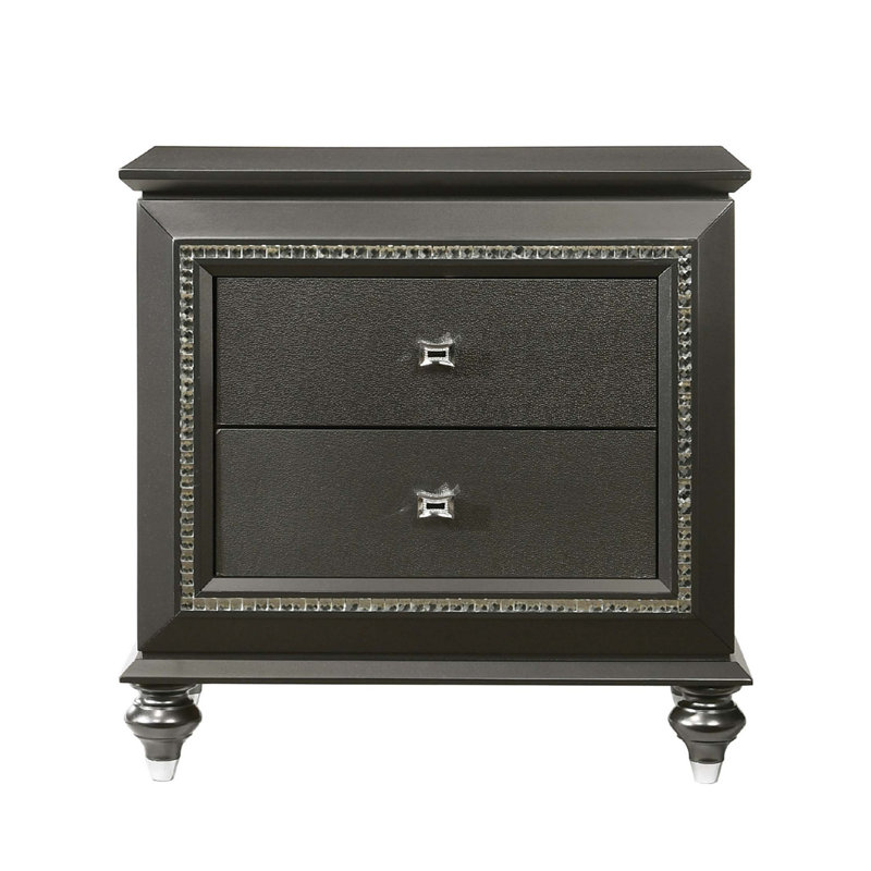 Table de chevet en bois d'hévéa massif avec 2 tiroirs, Gris métallisé