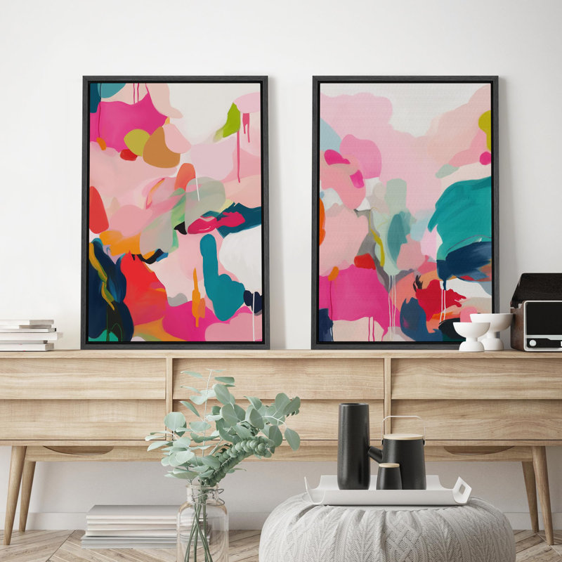 «Grunge Tan White», 2 pièces sur toile, Cadre noir, H 24 po x l 36 po