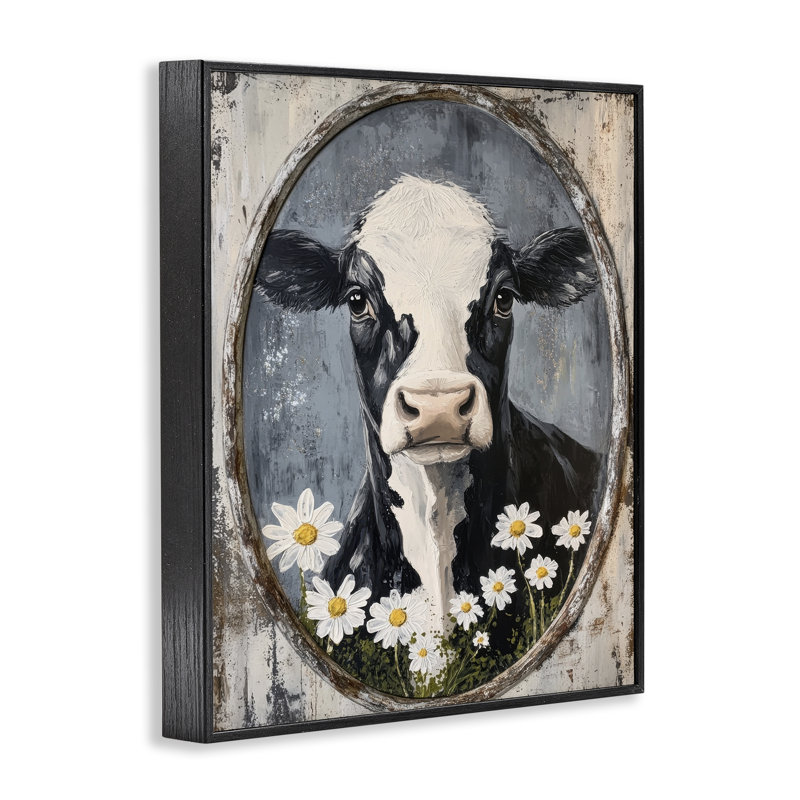 Portrait de vache patiné, estampe numérique, design par Petal Prints Design, H 14 po x l 11 po, Giclée encadrée noir minuit
