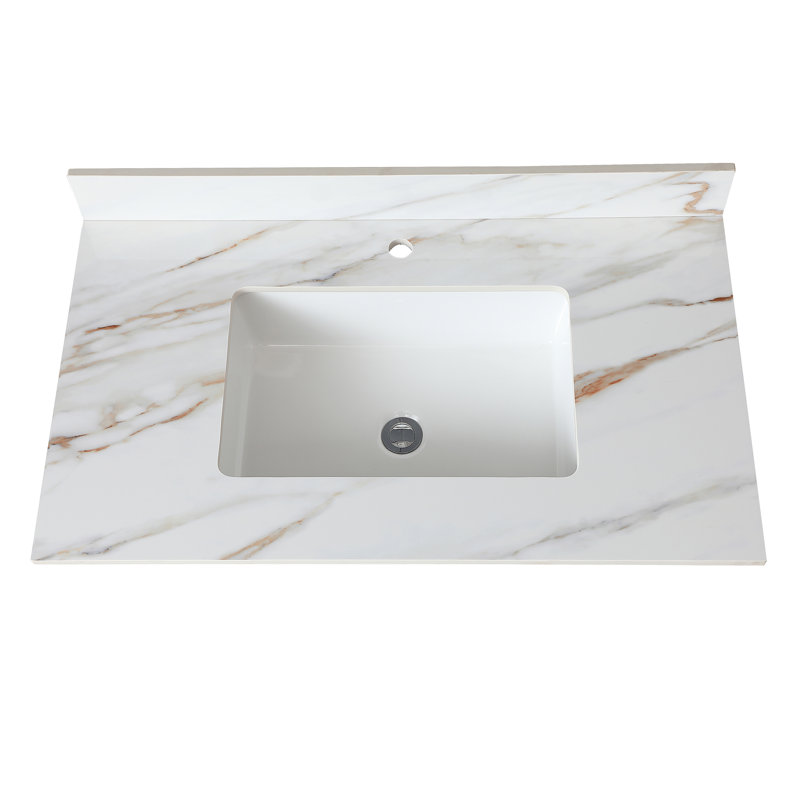 Comptoir de meuble-lavabo en marbre 37 po, comptoir de salle de bain avec lavabo central encastré rectangulaire et dosseret de 4 po de hauteur, comptoir pré-percé, blanc de Carrare avec veines