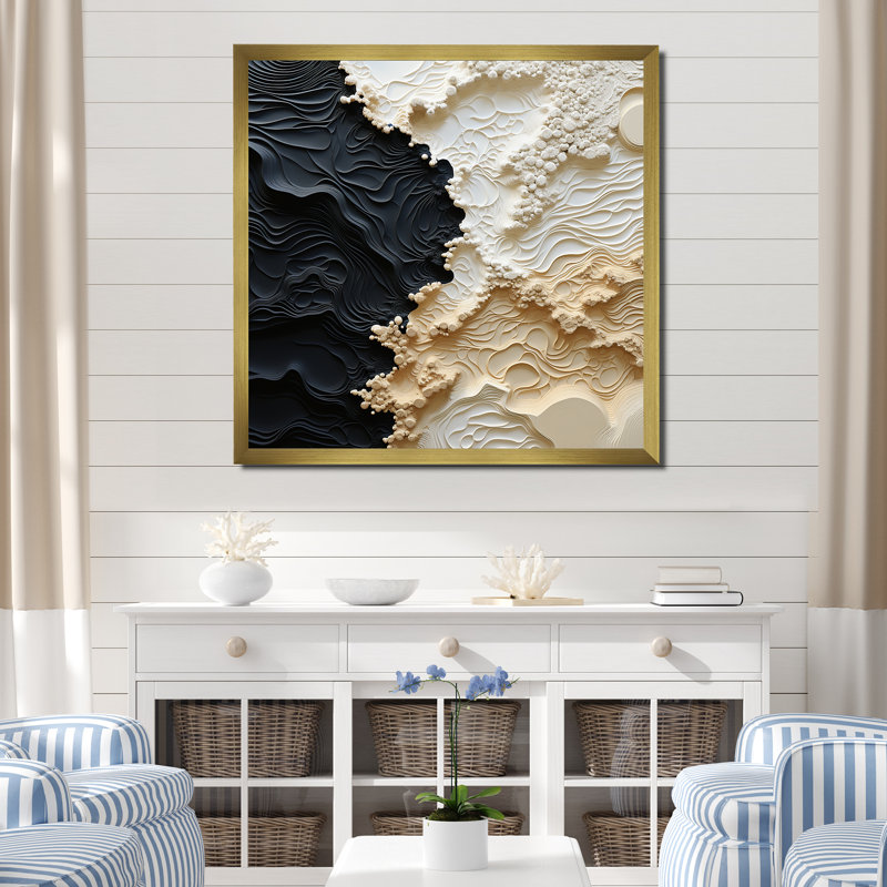 Abstrait crème et noir liquide, reproduction d'art sur toile côtière, Cadre photo unique, H 30 po x l 30 po, Doré