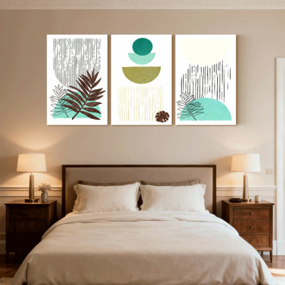 «Boho Contemporary Abstract Leaves Geometric Shapes», ensemble de 3 impressions sur toile