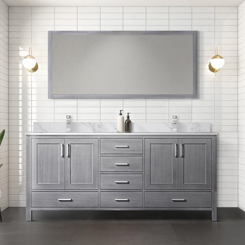 Meuble-lavabo double gris vieilli 72 po X P 22 po D, plateau en marbre de Carrare et Miroir, Gris, Marbre de Carrare