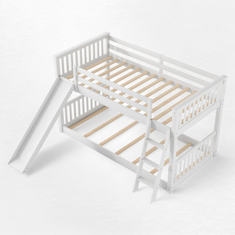 Floor Bunk Bed With Slide, Twin Over Twin, White