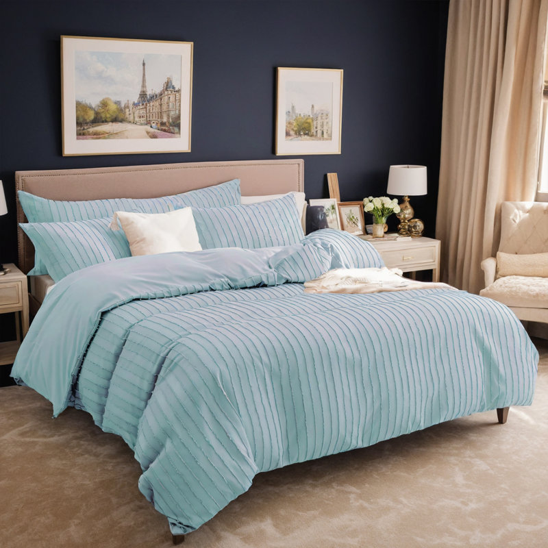 L'ensemble de housse de couette en jacquard à rayures de couleur unie comprend une housse de couette et deux taies d'oreiller. Housse de couette de grande taille convenant pour un lit simple ou double dans les chambres à coucher, confortable et douce pour une utilisation en toute saison. Cadeau de Noël.
