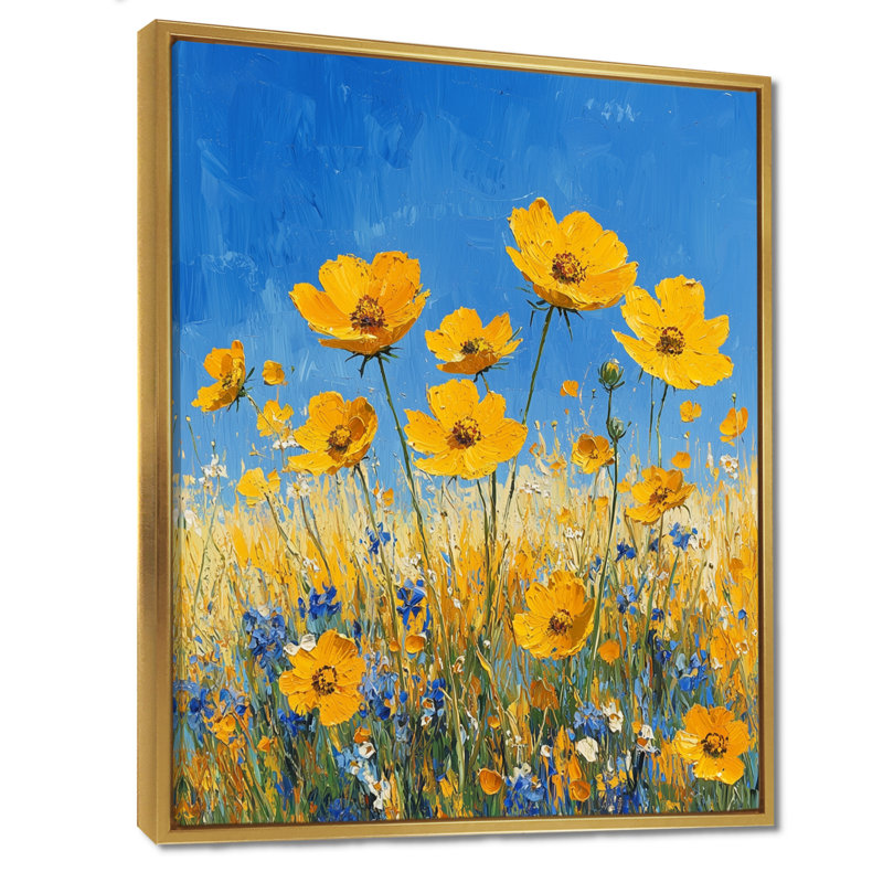«Yellow Daylight Joy Wildflowers IV» - art mural fleurs sauvages, H 40 po x l 30 po, Reproduction avec cadre flottant, Doré