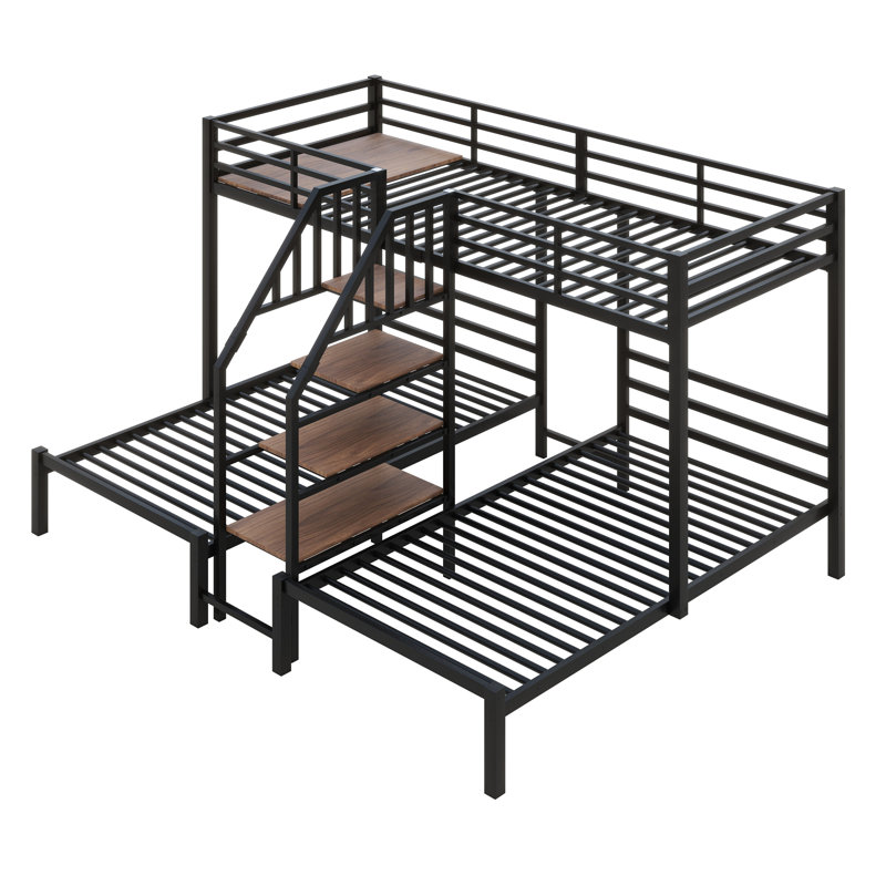 Lit superposé triple en métal durable avec tablettes de rangement et escalier intégré, Noir