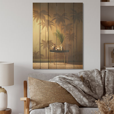 «Golden Grove Palm Tree Shadows - Palmiers et palmiers», art sur bois de pin naturel