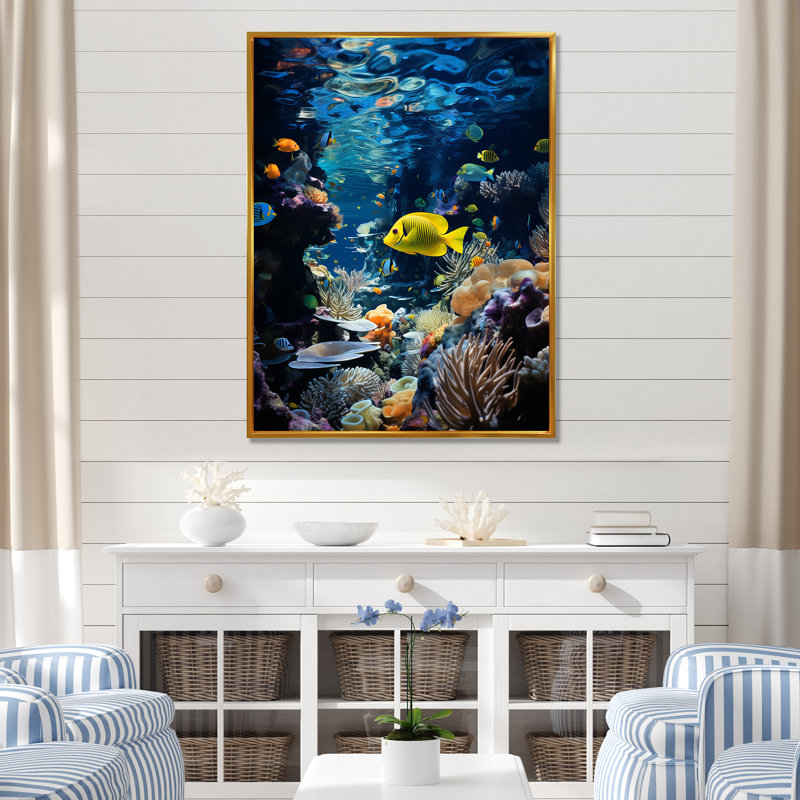 «Blue Butterfly Fish Marine Grace», art mural poisson papillon, Cadre flottant doré, H 20 po x l 12 po x P 1 po