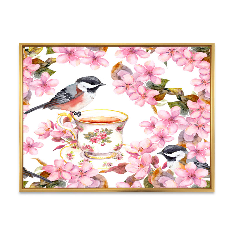 Tasse à thé oiseaux et fleurs - Peinture sur toile, H 24 po x l 32 po x P 1 po, Encadrement doré
