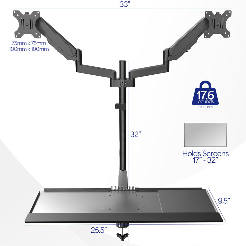 ErgoFlex Black Steel Dual Monitor Sit-Stand Workstation, 32" Max Screen