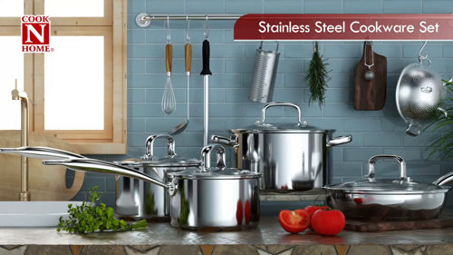 Cook N Home Stainless Steel Cookware Sets 10-Piece, Pots and Pans Kitchen  Cooking Set with Stay-Cool Handles, Dishwasher Safe, Silver