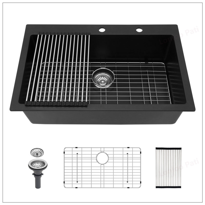 Durable Black Granite Composite Drop-In Kitchen Sink with Quiet Operation and Easy Cleaning, 33x22 Inch